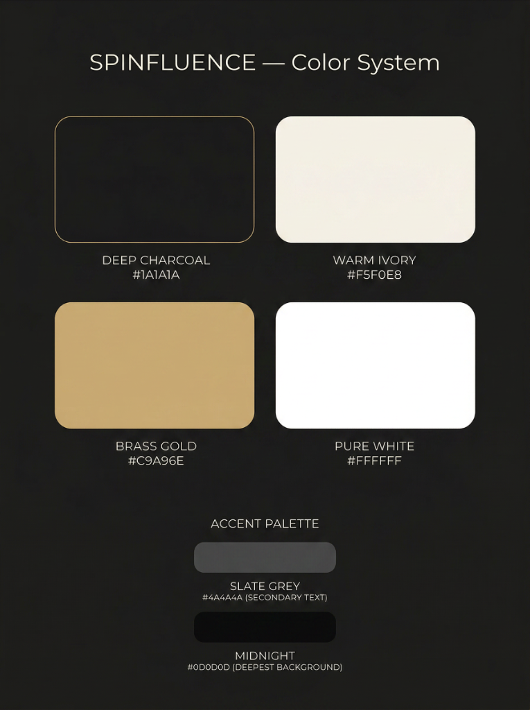Spinfluence color system showing Deep Charcoal #1A1A1A, Warm Ivory #F5F0E8, Brass Gold #C9A96E, Pure White #FFFFFF, and accent palette