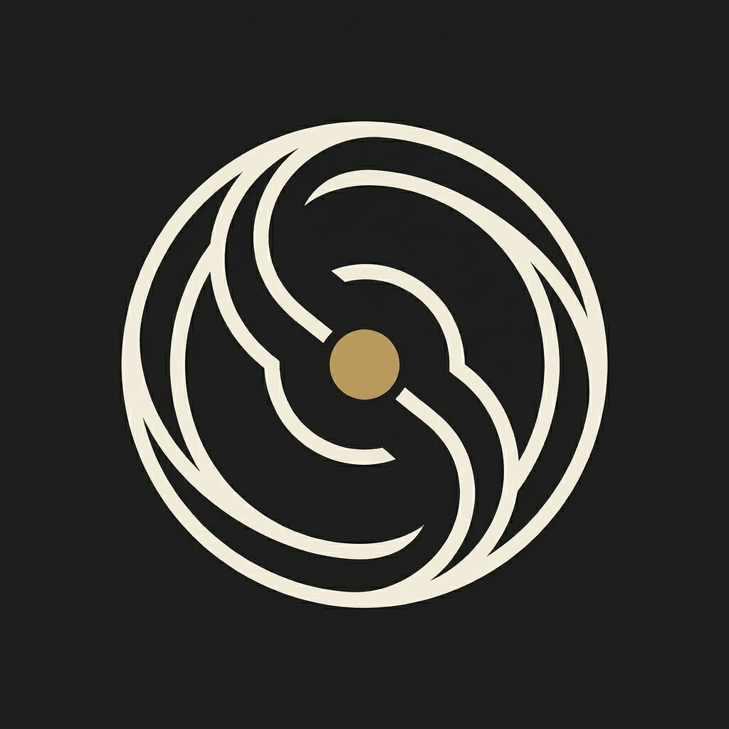 Spinfluence spin-mark icon — warm ivory orbital S-mark with gold centre dot on dark background