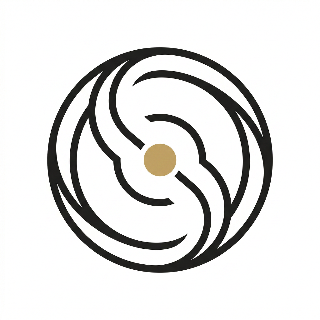 Spinfluence spin-mark icon — dark orbital S-mark with gold centre dot on white background