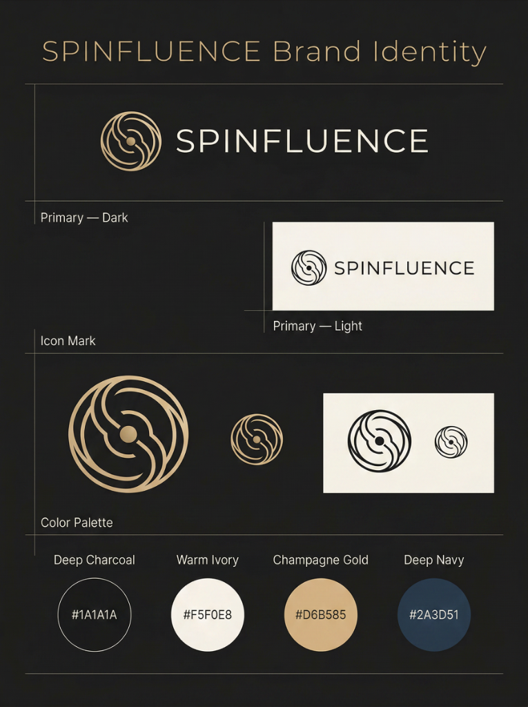 Spinfluence brand identity sheet showing primary logo dark and light, icon mark at multiple sizes, and color palette swatches
