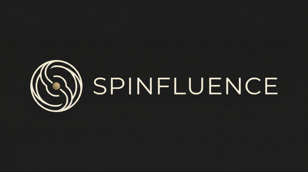 Spinfluence primary logo — warm ivory wordmark with spin-mark icon on deep charcoal background