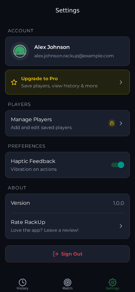 RackUp Settings screen